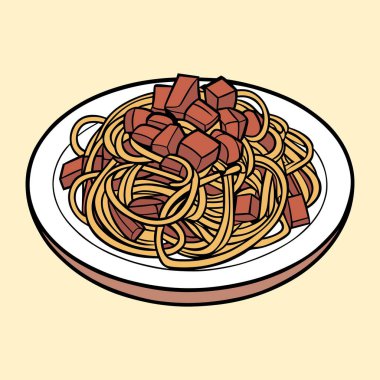 Tarafsız Arkaplanda Et Küpleriyle süslenmiş Resimli Spagetti Tabağı.