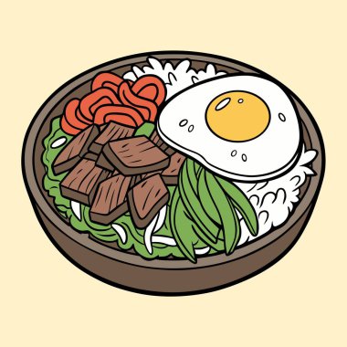 Bibimbap Pirinç Kasesi. Kızarmış yumurta, sebze ve sığır eti..