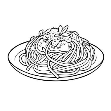 Bitki ve soslu bir spagetti tabağının elle çizilmiş hali..