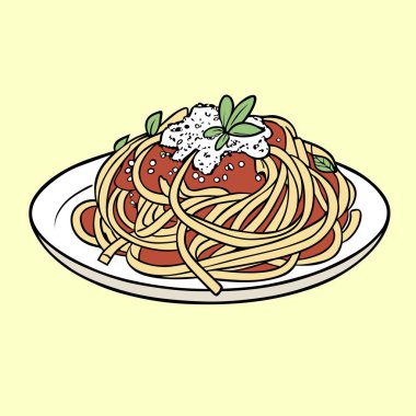 Bir tabak domates soslu spagetti, peynir ve bitki resimli..