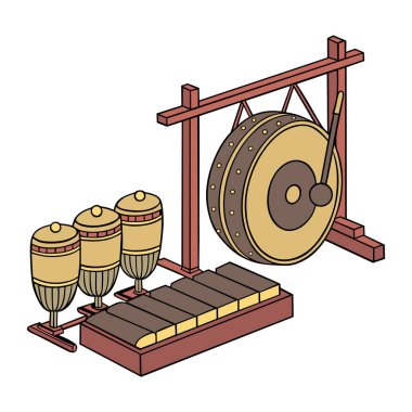 Traditional Percussion Instruments Depicting Gongs and Drums in Cartoon Style. clipart