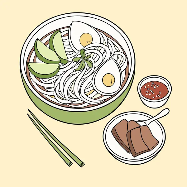 Naengmyeon 'un İçindekiler ve Ortaklarla İlgili Resimli Kasesi.