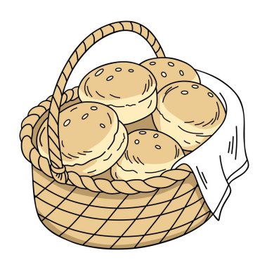 Bir sepet taze pişmiş bisküvi Rustik örülmüş ekmek sepetinde.