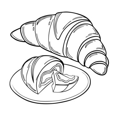 Kruvasan ve Dilimlenmiş Pastaların Siyah ve Beyaz İllüstrasyonu.