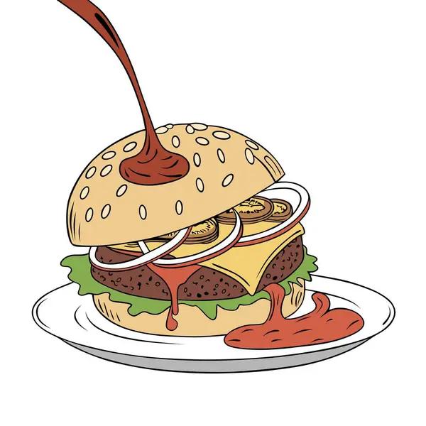 Beyaz Tabak Çiziminde Soslu ve Soslu Lezzetli Çizburger.