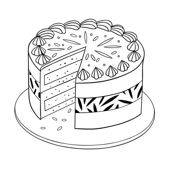Süslü katmanlı, karmaşık tasarımlı, yaratıcı renklendirme için sunulmuş bir pastanın siyah-beyaz çizimi. Her yaşa uygun sanatsal aktivite için ayrıntılı şekiller.