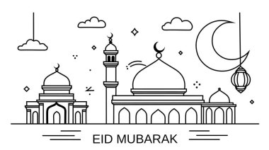 Hilal, fener ve dekoratif unsurları olan, Kurban ve Ramazan temaları için mükemmel bir cami çizgisi..