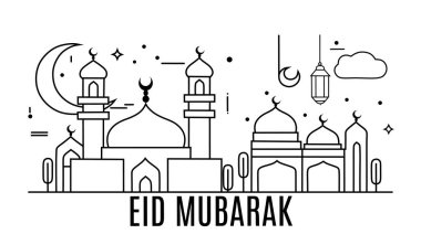 Bir caminin minimalist çizgili sanat tarzında dijital bir çizimi. İslam tasarımları, bayram kutlamaları, Ramazan dekorasyonları ve dini temalı grafik öğeleri için mükemmel..