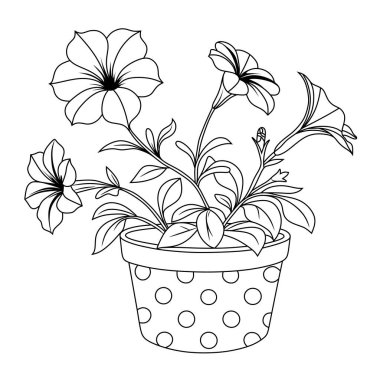 Petunya çiçeğinin minimalist çizgisi. Bu zarif siyah beyaz çizim botanik tasarımlar, ev dekorasyonu ve doğa temalı sanat eserleri için mükemmeldir. Mikrostok platformlar için ideal.