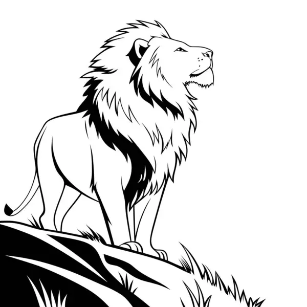 Bir kayanın üzerinde gururla duran bir aslanın görkemli sanat çizgisi çizimi. Dövmeler, boyama sayfaları, minimalist dekorlar ve vahşi yaşam temalı tasarımlar için mükemmel. Doğa, safari ve hayvan severler için ideal..