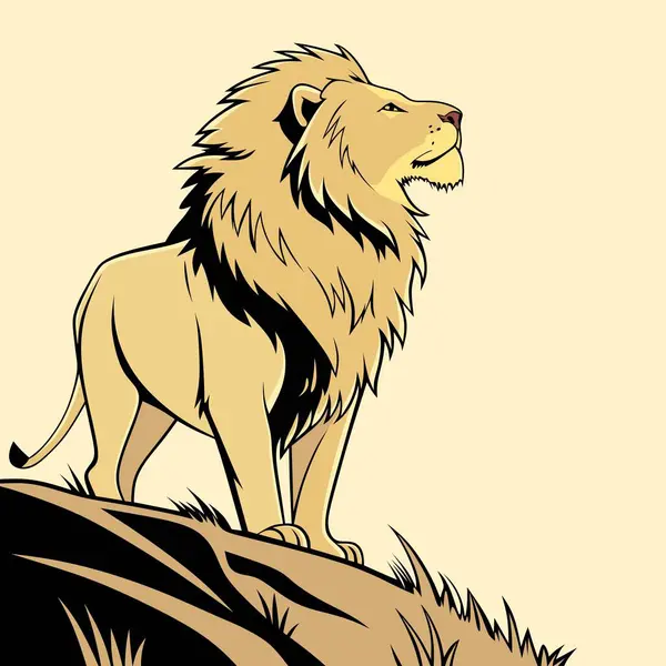 Güçlü ve görkemli bir aslan uçurumun kenarında gururla dikiliyor ve uzaklığa bakıyor. Bu renkli dijital illüstrasyon vahşi yaşam temaları, doğadan esinlenilmiş tasarımlar ve dekoratif baskılar için mükemmeldir..