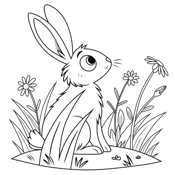 Çimenlerin ve çiçeklerin arasında oturan bir tavşanın zarif çizgisi. Boyama sayfaları, minimalist tasarımlar, dövmeler ve dekoratif sanat eserleri için mükemmel. Doğa ve vahşi yaşam temaları için ideal.