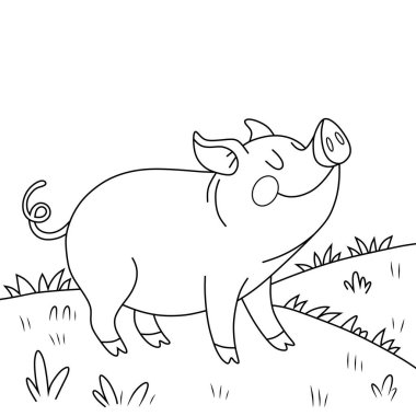 Mutlu bir domuzun çimlerin üzerinde durduğu basit ve büyüleyici bir domuz çizgisi çizimi. Temiz siyah çizgiler minimalist ve şirin bir tasarım yaratır. Boyama sayfaları, vektör sanatı ve dekoratif baskılar için ideal.