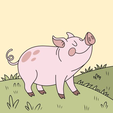 Yeşil çimlerin üzerinde duran mutlu domuzun büyüleyici ve renkli bir örneği. Çiftlik temalı tasarımlar, çocuk kitapları ve dijital sanat projeleri için mükemmel. Hem yazdırma hem de web kullanımı için uygun.