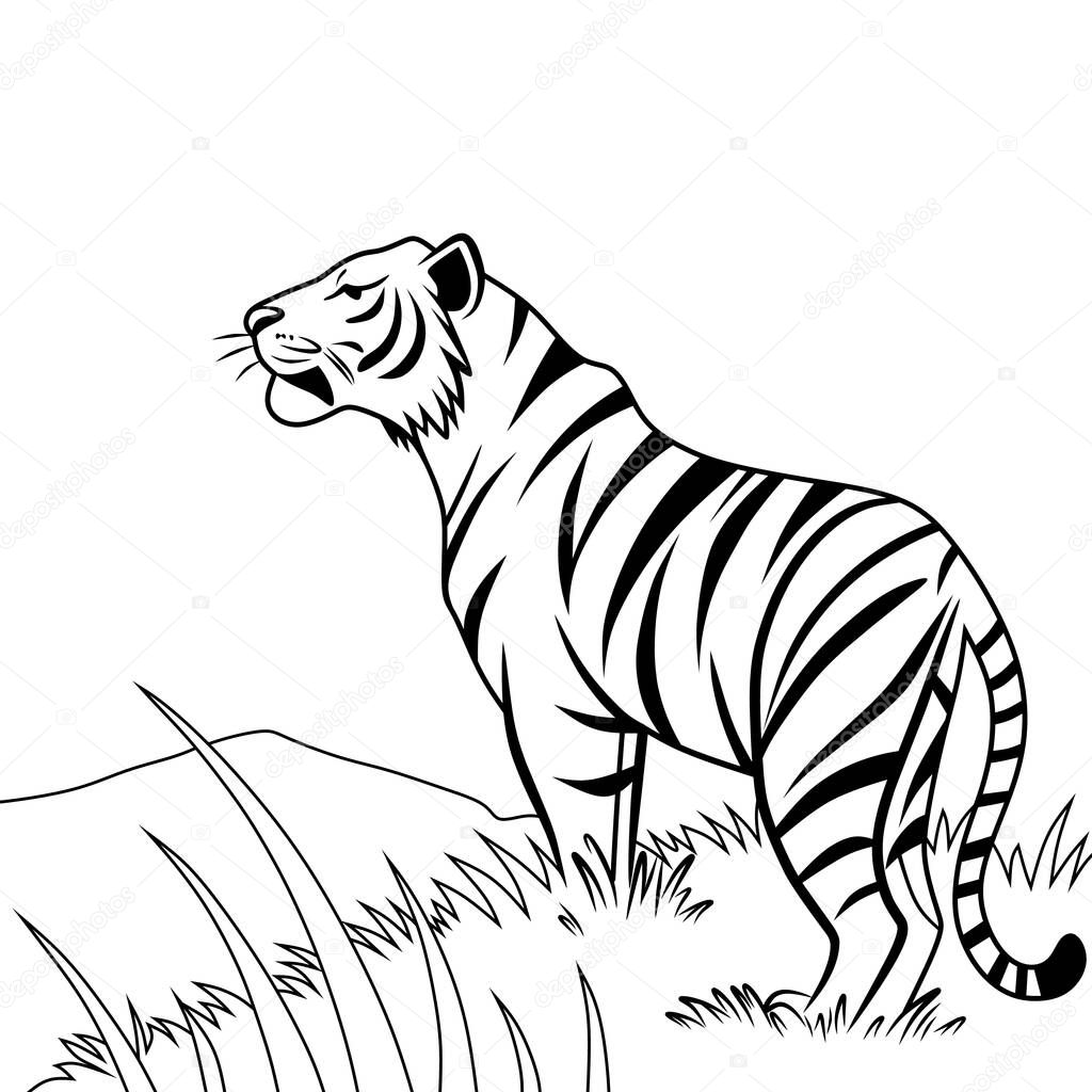 A tiger line art illustration standing majestically in the wild. Bold black lines define its body and distinctive patterns. Perfect for vector designs, t-shirt prints, logos, and decorations.