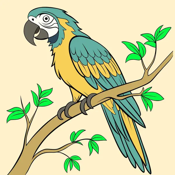 Ağaç dalına konmuş bir papağanın parlak ve canlı bir tasviri. Eğitim malzemeleri, hayvan temalı tasarımlar ve çocuk projeleri için mükemmel..