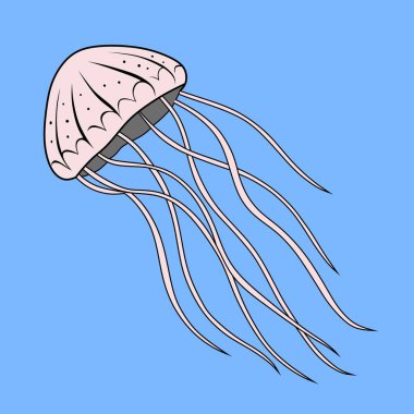 Mavi bir okyanusta yüzen parlak renkli bir denizanasının çizimi. Eğitim tasarımları, çocuk kitapları, posterler ve deniz hayatı çizimleri koleksiyonları için mükemmel..