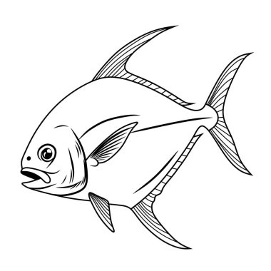 Güçlü bir Pomfret Balığının Biçimlendirilmiş Siyah ve Beyaz Çizimi.