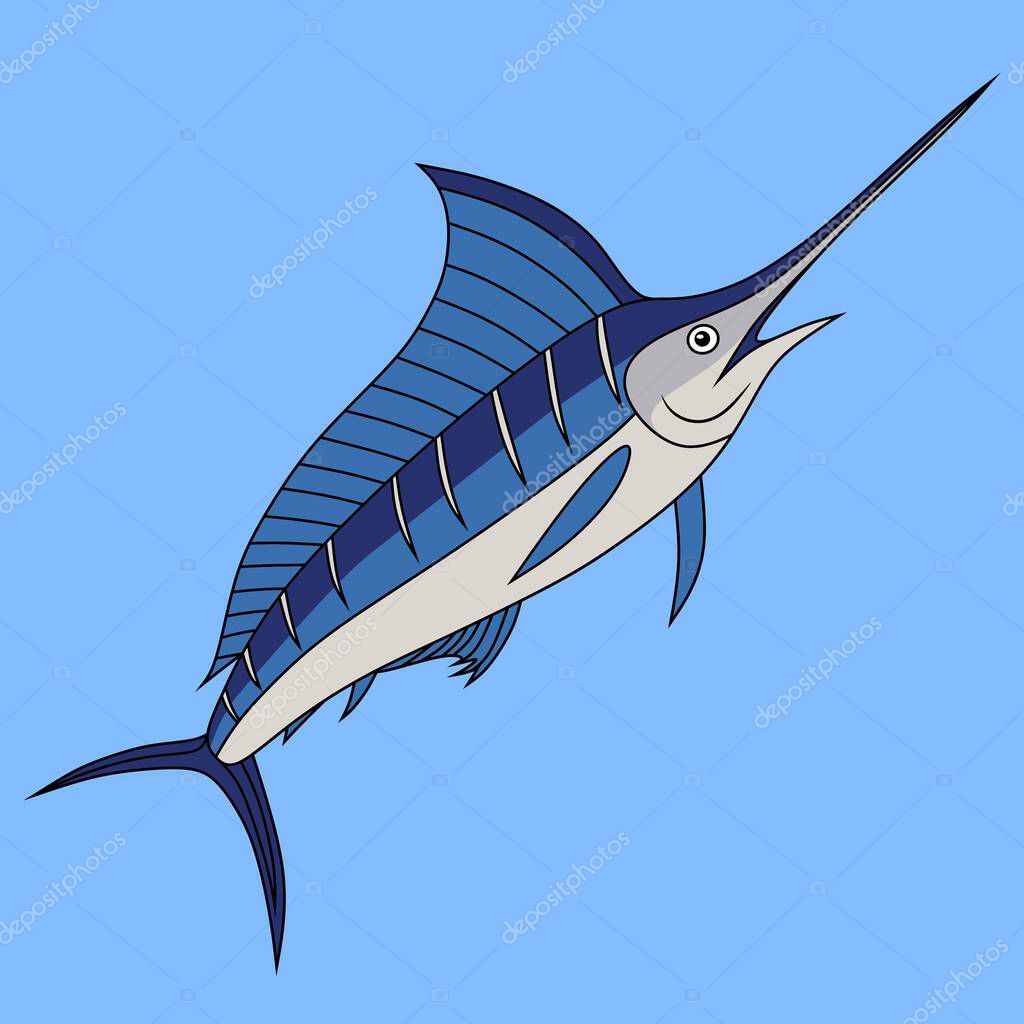 Marlin fishing logo vector illustration. Swordfish fishing emblem isolated. Ocean fish logo. Saltwater fishing theme.