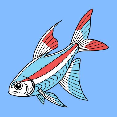 Neon tetra balığı. Çizgi film tatlı su akvaryumu hayvanı