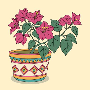 Görüntü: Bougainvillea veya Buganvilla çiçeği tomurcukları pembe ve yeşil yapraklı sarı arka planda..