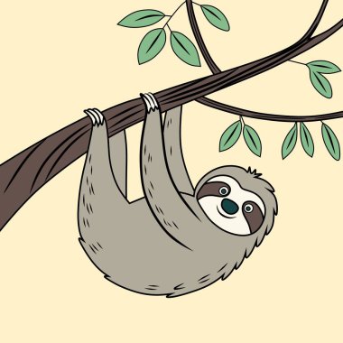 Yeşil yapraklı bir ağaç dalında asılı şirin bir çizgi film tembel hayvanı huzur dolu bir sahne..