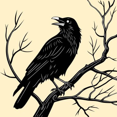 Siyah beyaz çizgili bir çizim, soluk sarı arka planlı bir ağaç dalına tünemiş siyah bir kuş.