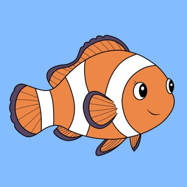 Bir palyaço balığının canlı karikatür çizimi basit bir arkaplanda eşsiz turuncu ve beyaz çizgili desenini sergiliyor..