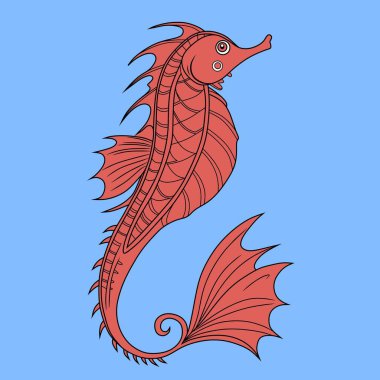 Artistik çizgileri olan detaylı kırmızı deniz atı çizimi, yumuşak mavi arka planda. Deniz temalı tasarımlar ve su sanatları projeleri için mükemmel..