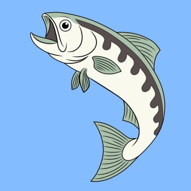 Koyu işaretli ve ağzı açık mavi bir arka planda olan okçu balığının renkli bir çizimi. Su teması, doğa sanatı ve eğitim kullanımı için harika.
