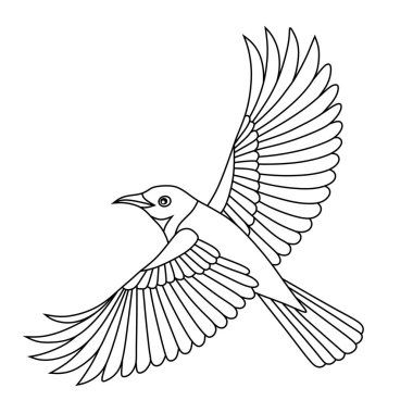 Kanatları açık uçan bir yaprak kuşunun ayrıntılı çizgi sanatı boyama sayfaları veya kuş temalı çizimler ve eğitim materyalleri için mükemmeldir..