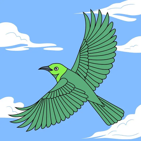 Canlı yeşil bir yaprak kuşu (Cucak Ijo) geniş kanatları ile gökyüzünde süzülür, tüylü beyaz bulutlara karşı parlak tüylerini gösterir..
