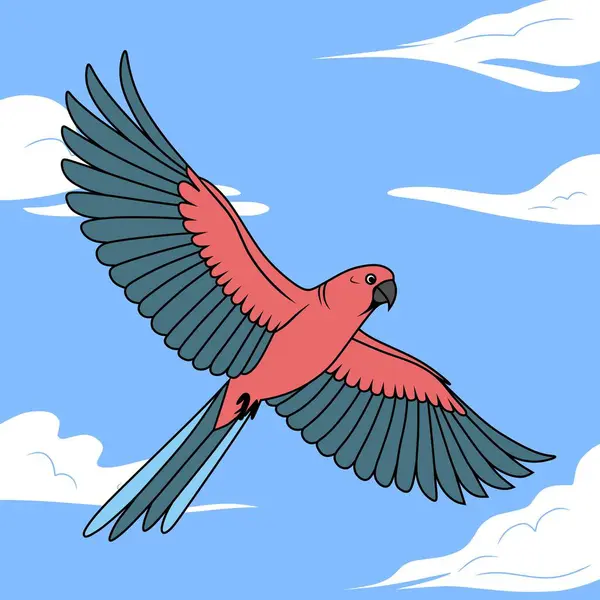 Renkli bir aşk kuşu gökyüzünde zarif bir şekilde süzülür. Kanatları ardına kadar açık, parlak mavi bir arka planda yumuşak beyaz bulutların üzerinde uçar. Kuşlar ve doğa severler için mükemmel..