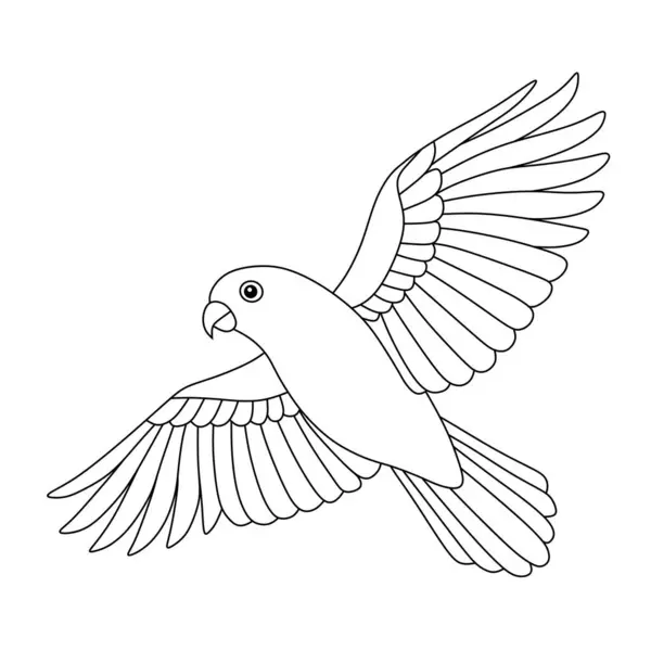 Geniş kanatlarla uçan bir Serindit kuşunun (Asılan Papağan) siyah ve beyaz çizgi sanatı. Boyama kitapları, doğa temalı tasarımlar ve eğitici çizimler için mükemmel..