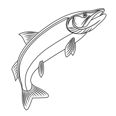 Siyah beyaz çizgili mistik balık çizgisi detaylı yüzgeçleri ve benekli cesediyle. Renkli sayfalar, dövme sanatı ya da su temalı tasarım elementleri için mükemmel..