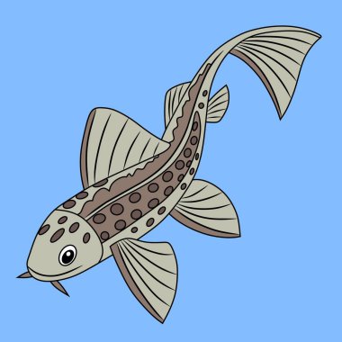 Detaylı yüzgeçleri ve benekli vücudu olan bir balığın karikatür tarzı çizimi. Su temalı tasarımlar, balık severler ve eğitim içeriği için ideal.