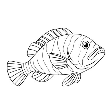 Siyah beyaz çizgili, kalın çizgili ve ayrıntılı yüzgeçli bir kaplan balığı çizgisi. Boyama sayfaları, dövmeler ya da deniz temalı grafik tasarımlar için mükemmel..