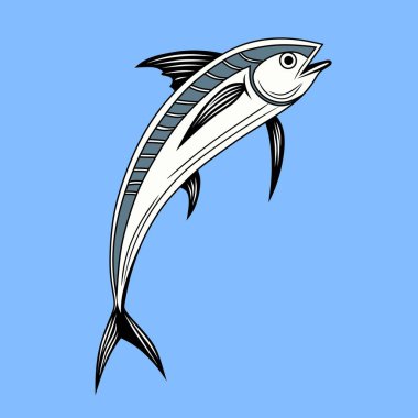 Uzun yüzgeçli ve aerodinamik gövdeli uçan bir balığın dinamik vektör çizimi, mavi arka planda. Okyanus temalı sanat ve tasarım projeleri için harika.