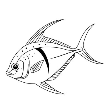 Uzun yüzgeçleri ve benekli detayları olan temiz siyah-beyaz bir balık çizgisi. Boyama sayfaları, deniz temalı tasarımlar veya eğitim materyalleri için mükemmel.