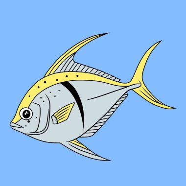 Mavi arka planda canlı sarı yüzgeçleri ve mavi-gri gövdesi olan bir dory balığının çizgi film stili vektör çizimi. Okyanus temalı tasarımlar ve çocuk içeriği için harika.