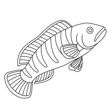 Çizgili gövdesi ve detaylı yüzgeçleri olan siyah beyaz bir Channa balığı çizgisi. Boyama sayfaları, deniz eğitimi ya da deniz temalı dekoratif tasarımlar için mükemmel..