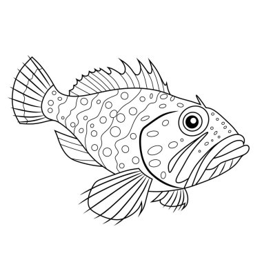 Detaylı siyah-beyaz çizgili, desenli ve dikenli yüzgeçleri olan bir taş balığı sanatı. Boyama sayfaları, deniz temalı sanat veya eğitim içeriği için ideal.