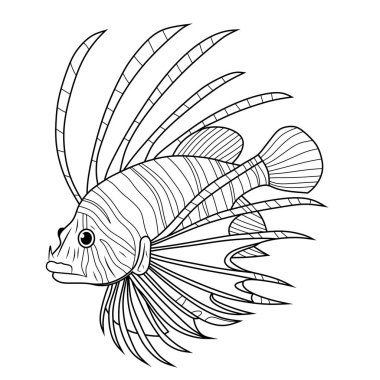 Dalgalı yüzgeçleri ve çizgili gövdesi olan bir aslan balığının ayrıntılı çizgisi. Boyama sayfaları, deniz eğitimi veya dekoratif su tasarımları için ideal.