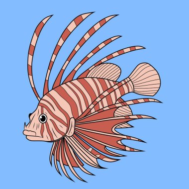 Cesur çizgileri ve uzun, zarif yüzgeçleri olan bir aslan balığının renkli bir çizimi. Deniz temalı tasarımlar, boyama kitapları ya da eğitim malzemeleri için mükemmel..