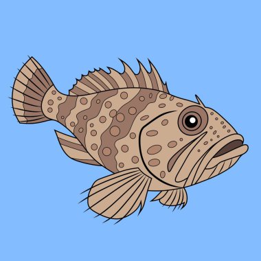Mavi arka planda desenli kahverengi desenli ve kalın yüzgeçli bir taş balığının vektör çizimi. Deniz temalı sanat ve eğitim materyalleri için mükemmel..