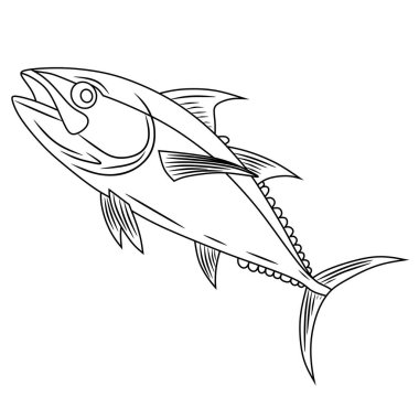 Renkli sayfalar, eğitim materyalleri ya da deniz temalı tasarımlar için mükemmel bir sarı kuyruklu balık sanatı. Beyaz arkaplanda temiz siyah çizgiler.
