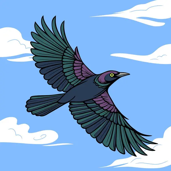 Mavi gökyüzünde uçan bir sığırcık kuşunun canlı bir çizimi. Çarpıcı mor ve yeşil tüyler, keskin kanatlar ve parlak sarı bir göz. Doğa ve vahşi yaşam temaları için mükemmel.
