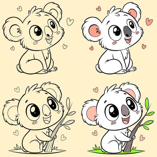 Tatlı çizgi film tarzı bebek koalalar. Kocaman gözleri ve sevgi dolu ifadeleri var. Bir ağaca sarılmak ve oturarak poz vermek de dahil, hem renkli hem de çizgi sanatında. Çocuklar ve boyama eğlencesi için mükemmel..