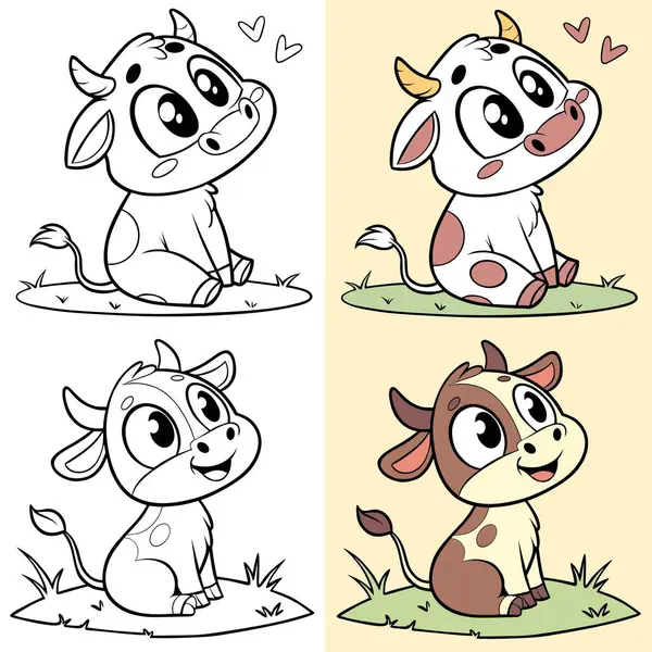 Çimenlerin üzerinde oturan sevimli çizgi film buzağıları, birinin kalbi var ve diğeri mutlu bir şekilde gülümsüyor, parlak ve renkli bir tarzda..