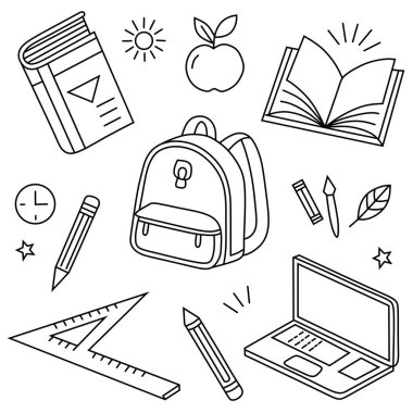 Sırt çantası, dizüstü bilgisayar, kitaplar ve sanat fırçaları gibi öğrencilerin temel sanat eserleri..